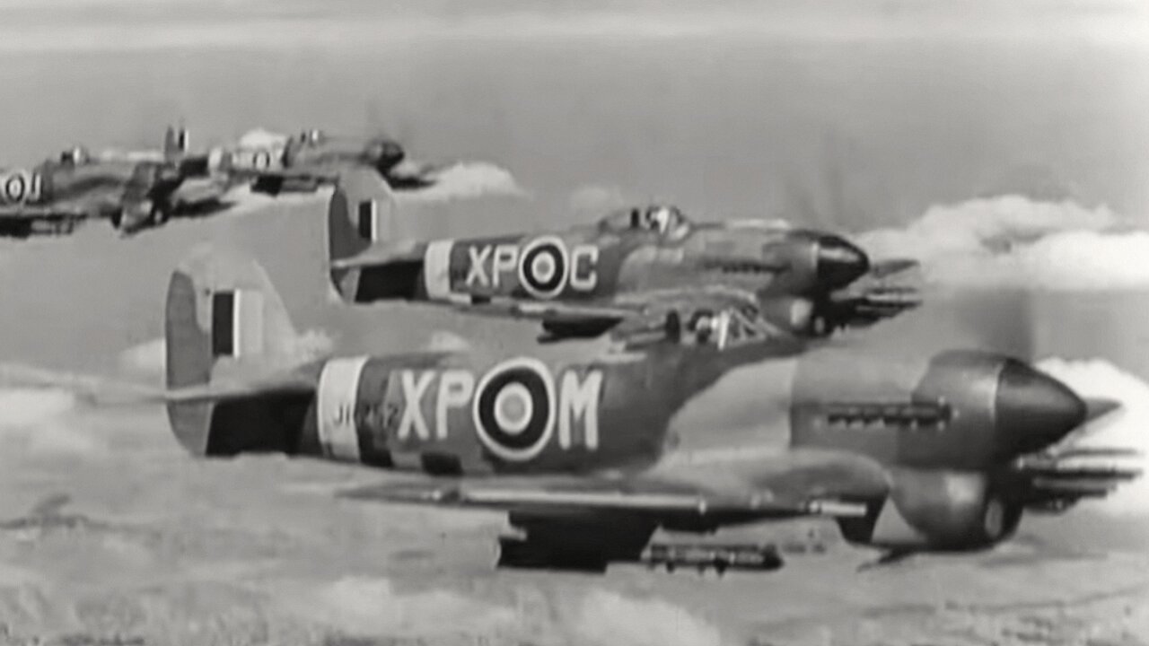 No. 174 Squadron RAF rocket-firing Hawker Typhoons in action over Europe in 1944