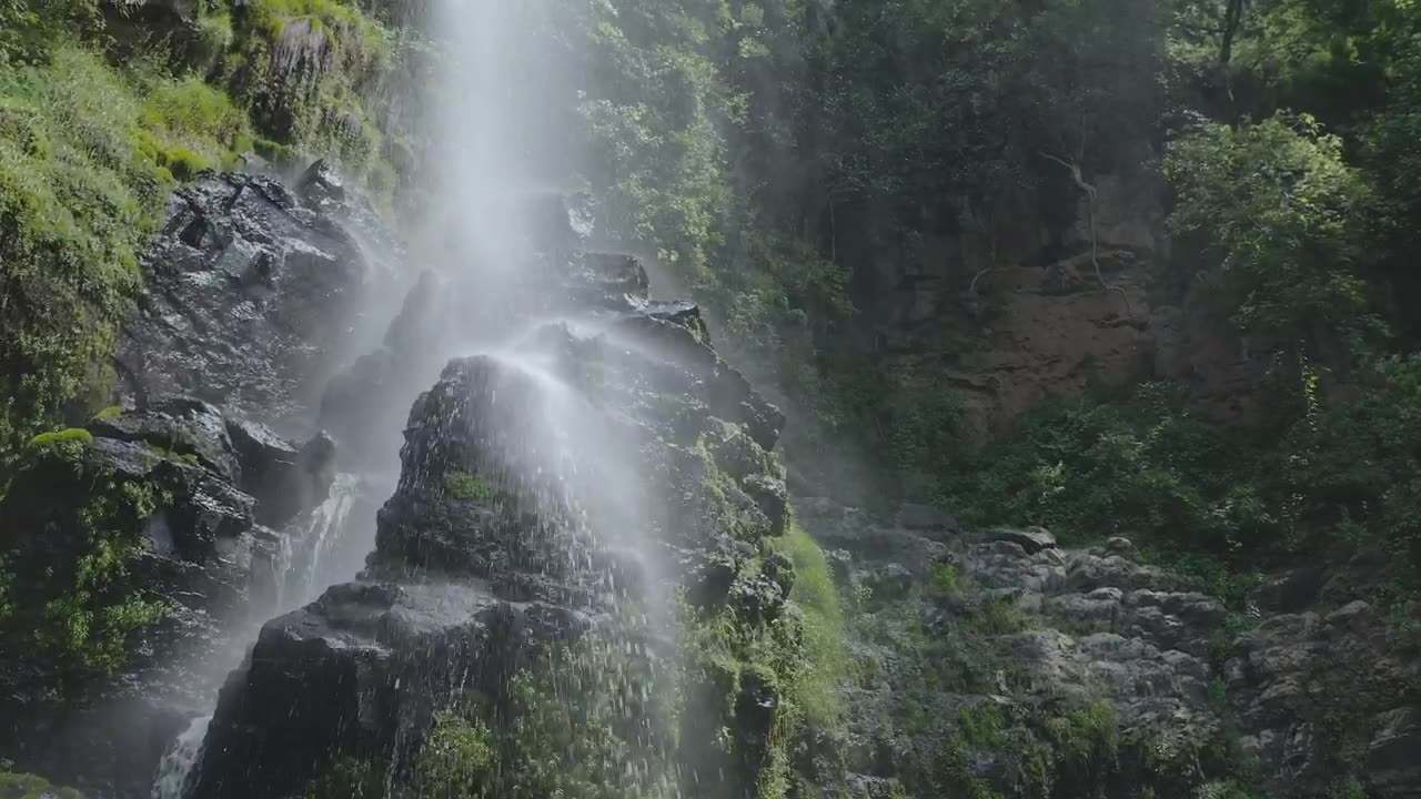Waterfall with little stones in a temperate forest.