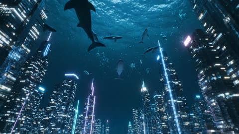 The whales are swimming in submerged modern city