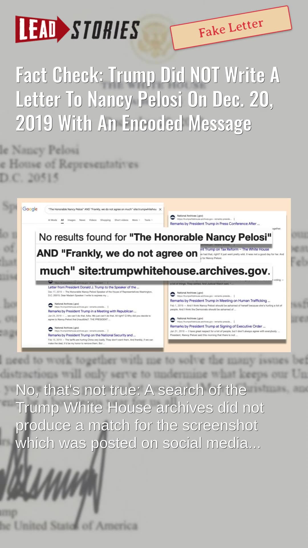 Fact Check: Trump Did NOT Write A Letter To Nancy Pelosi On Dec. 20, 2019 With An Encoded Message