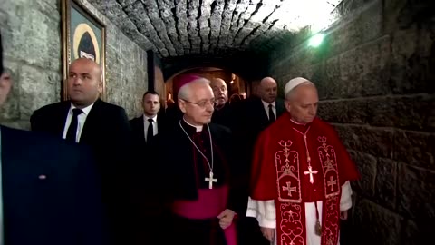 Pope Leo prays at the tomb of Saint Charbel in Lebanon