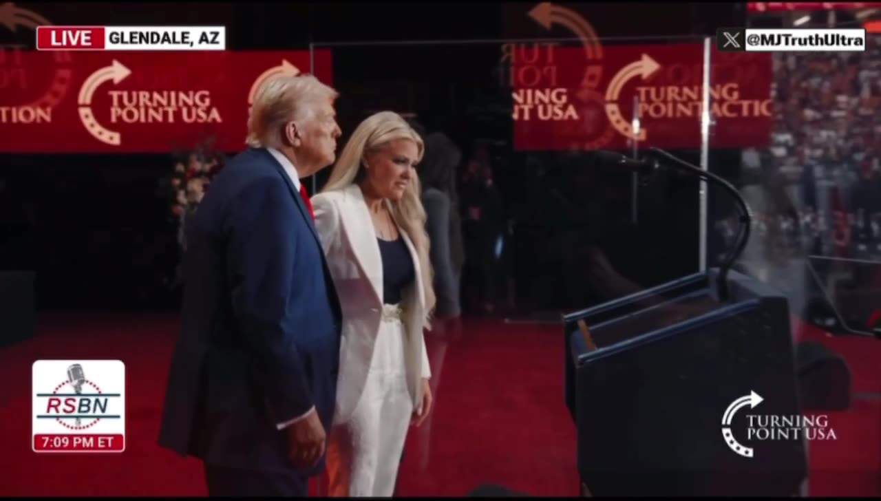 President Trump asks Erika Kirk on stage and they share an emotional moment together