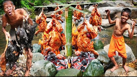 "Jungle BBQ Madness! Whole Chicken Roast Over Fire | Wild Cooking Comedy 🍗🔥"