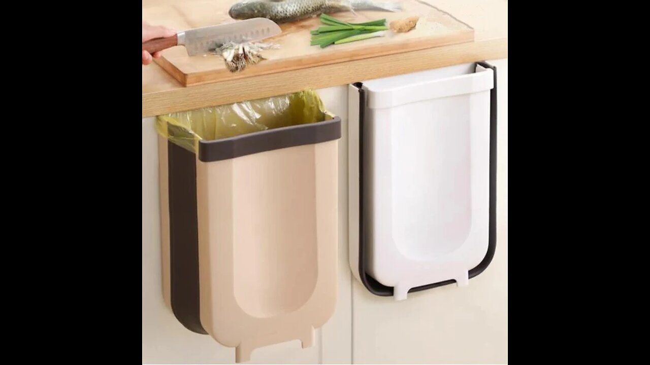 Foldable Kitchen Cabinet Door Hanging Trash Bin, with Garbage Bag Fixing Strap & Strong Load-bearing