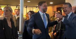 JD Vance and Pete Hegseth point at and mock protestors. Union Station, Washington DC