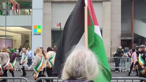 Irish American standing up for Palestine at the New York City Saint Patrick's Day Parade.