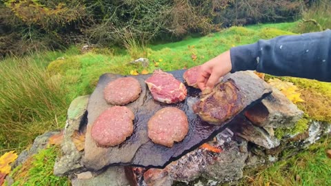Cocking Steak on Hot Stone | Fire, Forest Sounds & Sizzling Meat