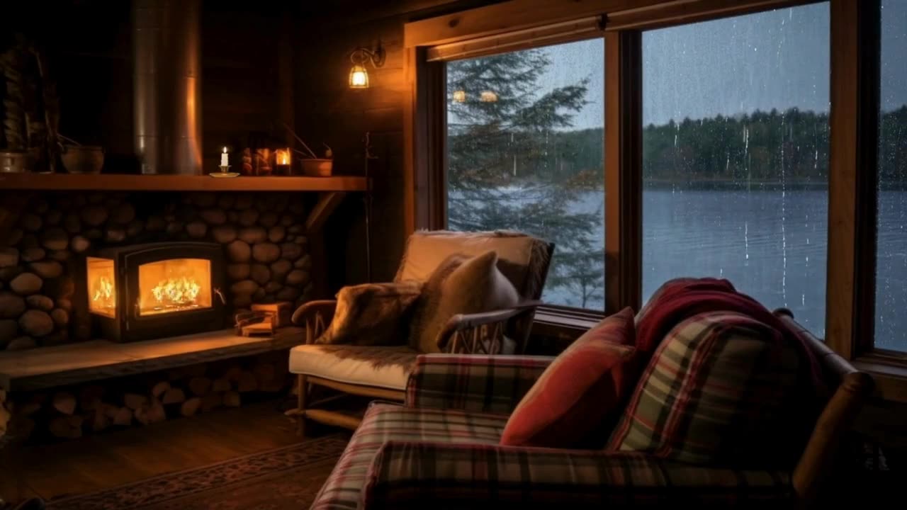 Cozy Cabin - Rain and Fireplace Sounds At Cozy Porch | Relaxing Rainy Tropical Forest Ambience |