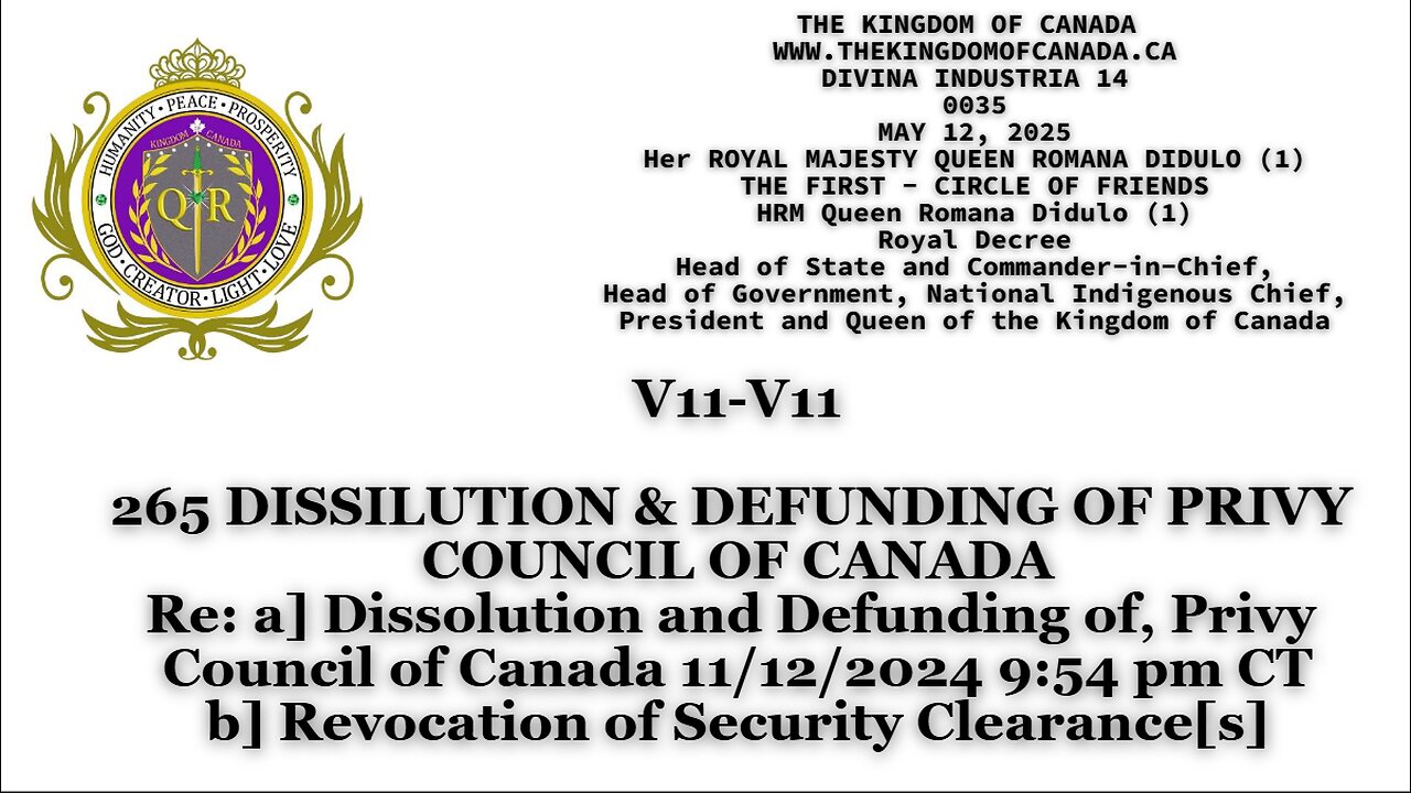 ROYAL DECREE 265 DISSILUTION & DEFUNDING OF PRIVY COUNCIL OF CANADA