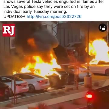 Authorities say multiple cars were set on fire at a Tesla service center in Las Vegas