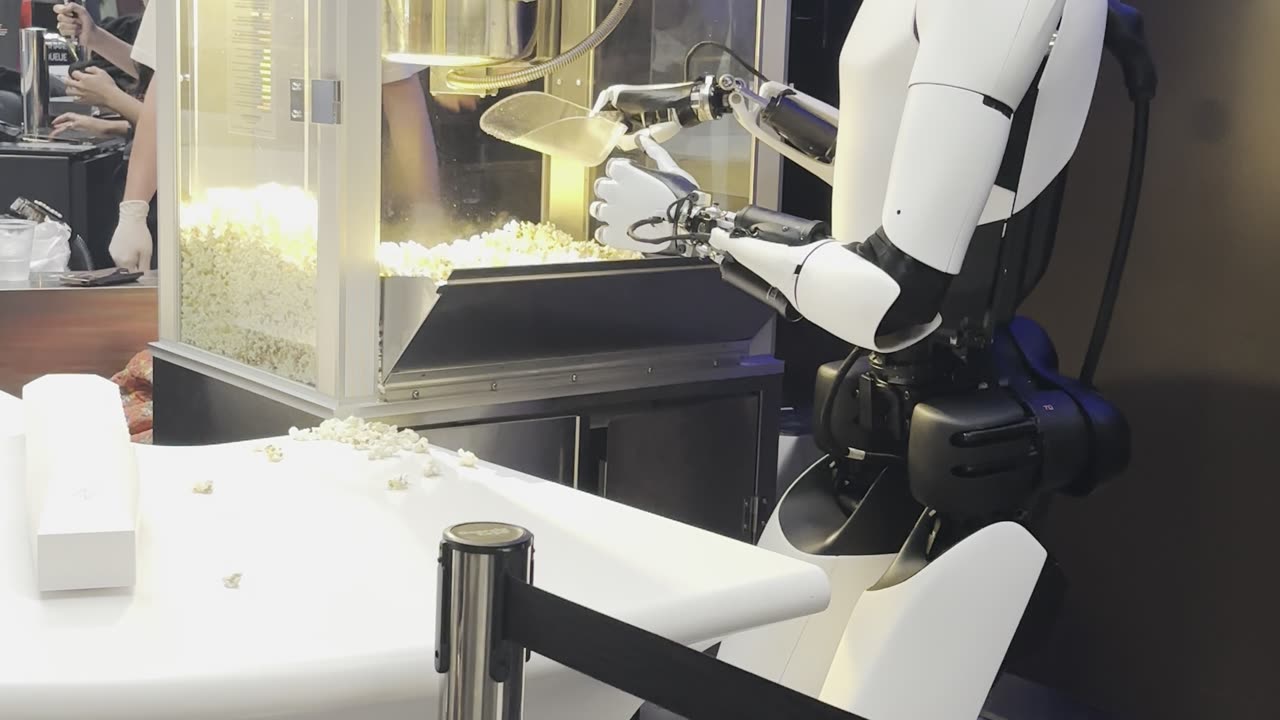 Tesla Diner - Optimus robot serves popcorn at Tesla's new diner