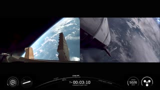 Starship’s Raptor engines ignite during hot-staging separation. Super Heavy is boosting back towards
