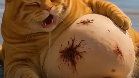 Orange cat fight with a shark.Ai cartoon orange fat cat funny video