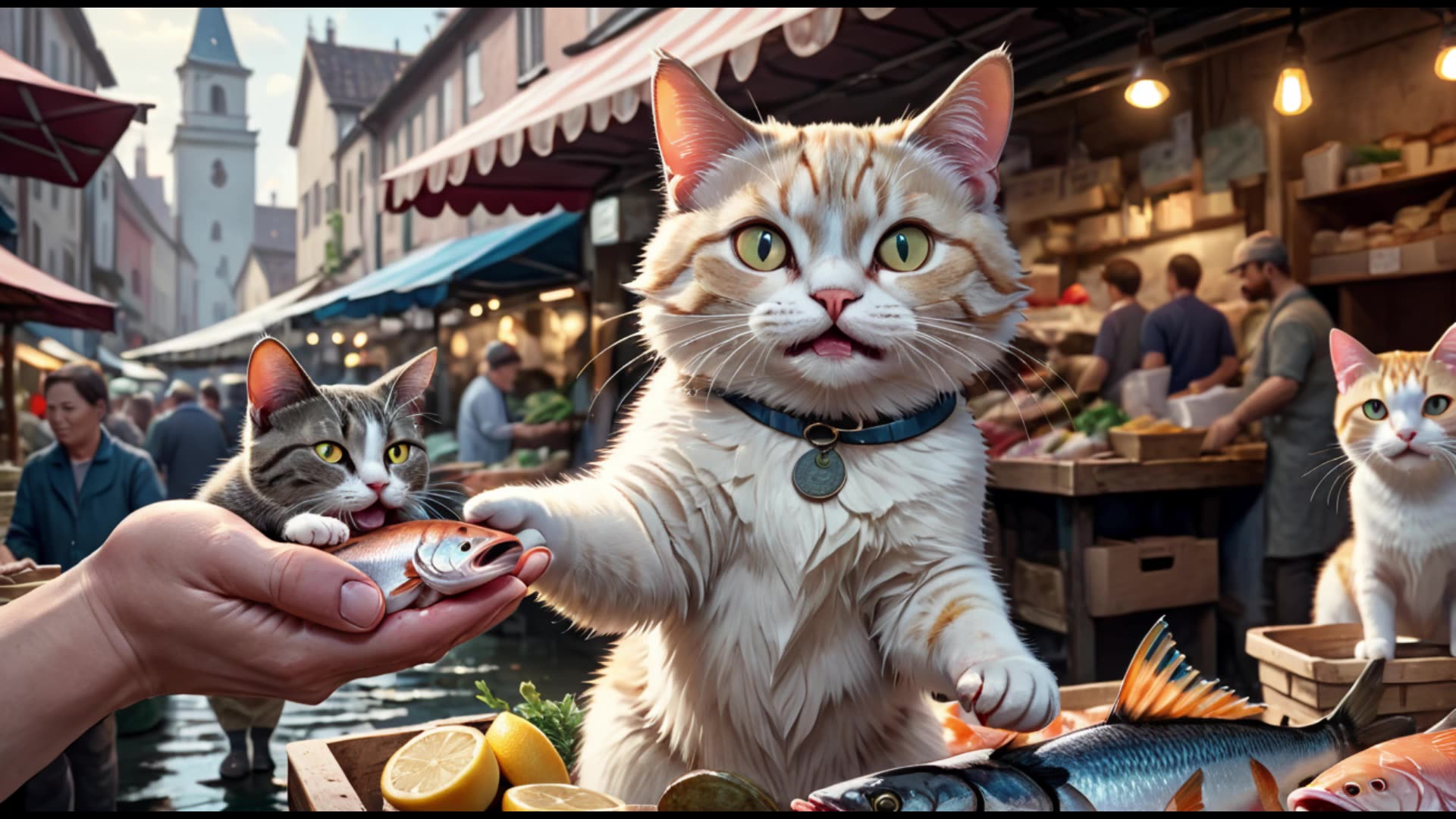 Cat In Market Selling Fish