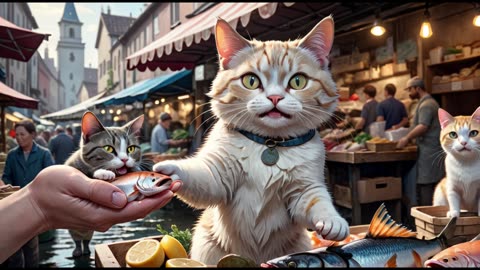 Cat In Market Selling Fish