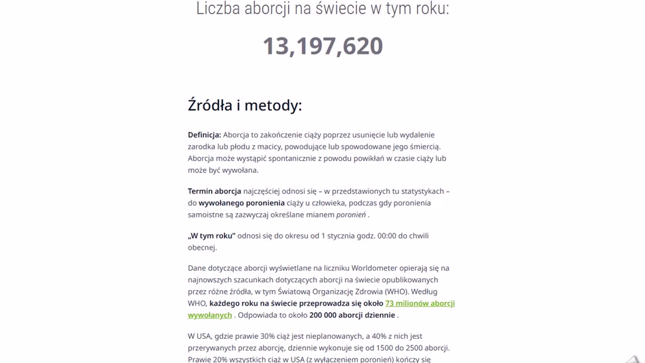 Liczba aborcji na świecie w tym roku: 13,197,935 mil