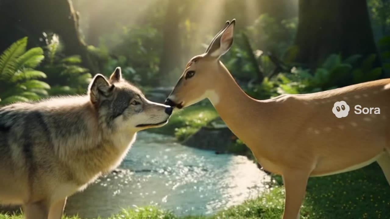 [AI Sora] - Wolf and Deer are playing together friendly