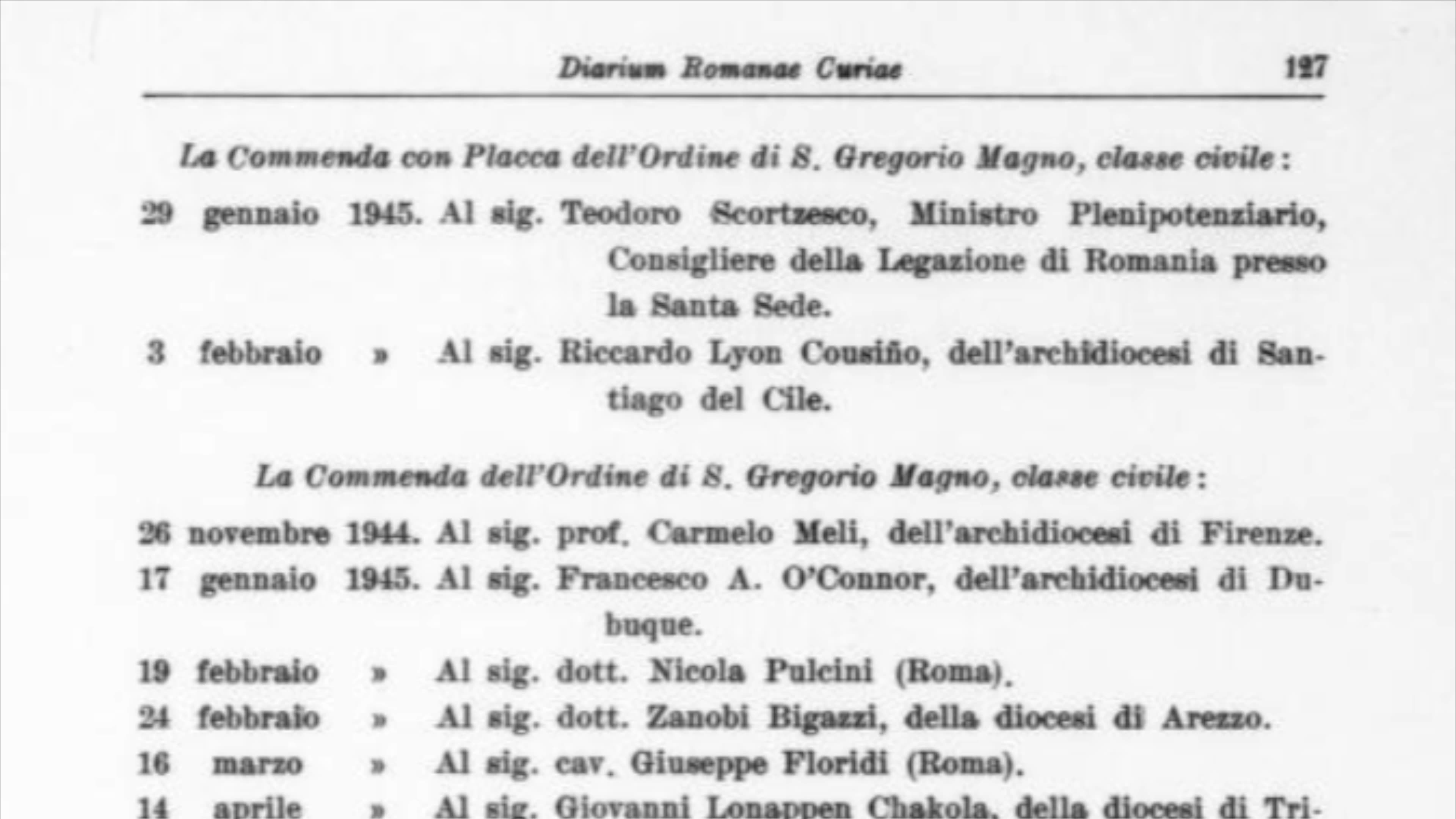 Commenda cum Stella Ordinis Sancti Gregorii Magni 29 Ian. 1945 D. Theodoro Scortzesco (AAS 37, 127)