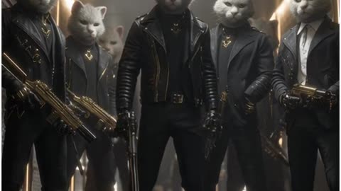 A group of humanoid cats with mafia style standing in a dark, narrow corridor