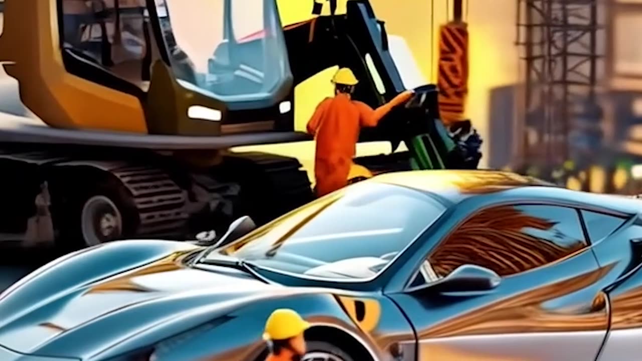 Miniature people bugatti working fixingare cleaning car AI-generated video