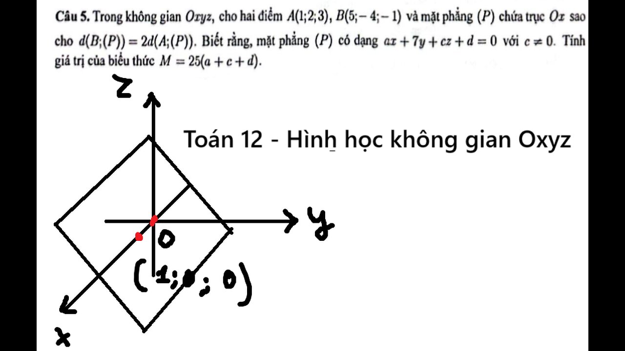 Sở Cần Thơ: Trong không gian Oxyz, cho hai điểm A(1;2;3), B(5;-4;-1) mặt phẳng (P) chức trục Ox sao