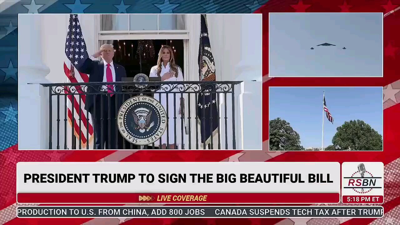 B-2 bomber escorted by F-35 jets flying over the White House