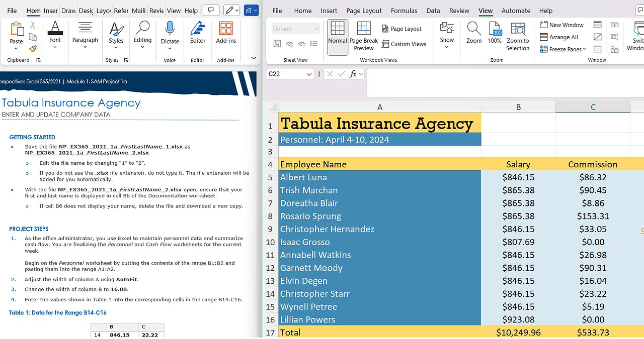 New Perspectives Excel 365/2021 | Module 1: SAM Project 1a | Tabula Insurance Agency (Full 2025)