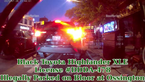 Black Toyota Highlander XLE #DDDA-478 and White Nissan Sentra SV #DDDR-951 illegally parked on bloor