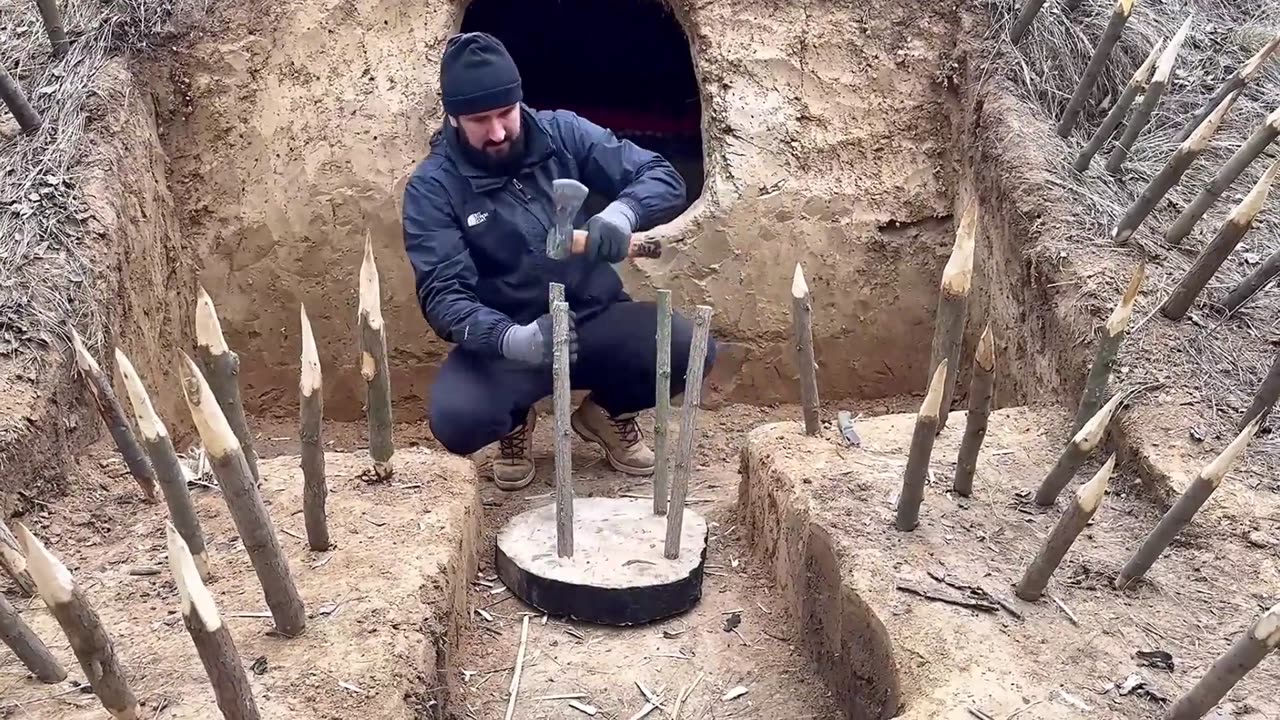 Survival Challenge: Man Builds Hidden Mud Shelter with Wood Armor to Escape Wild Animals