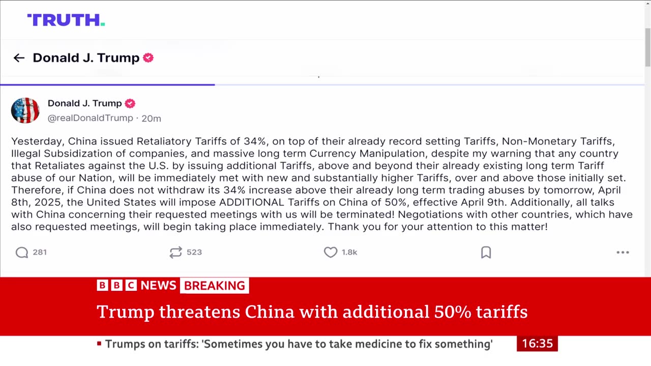 Trump threatens China with additional 50% tariffs