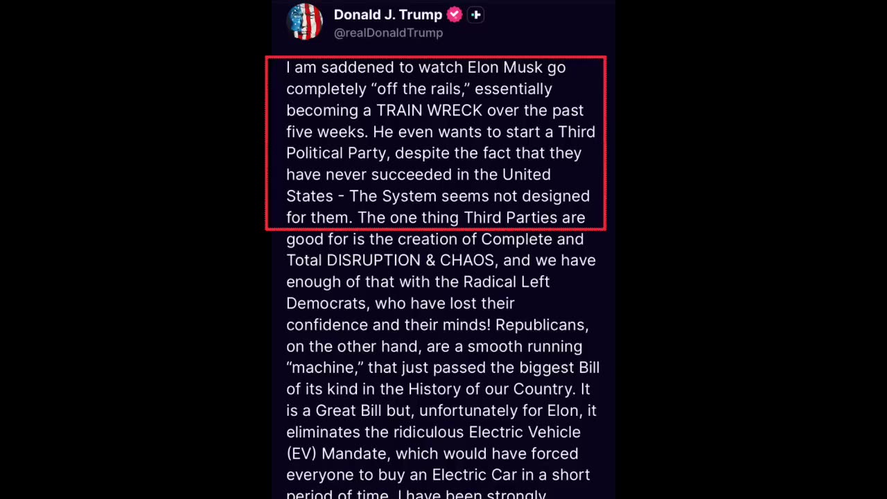 trump react to musk political party train wreck