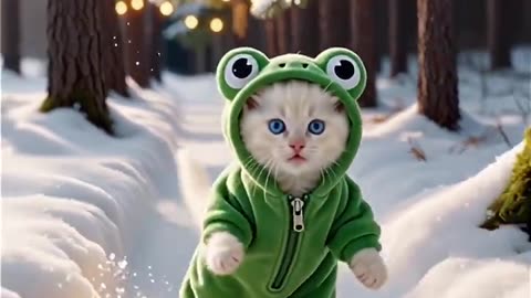 Frog-Suit Kitty Skiing ❄️🐸⛷️ _ Cutest Winter Sport Ever#cat #cute #cats #frog