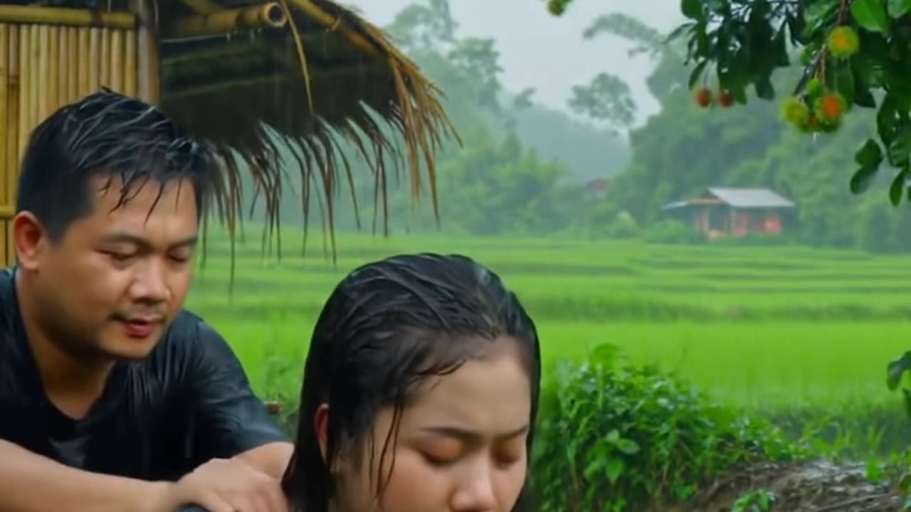 ASMR rain sweet moment in bamboo hut🌧️