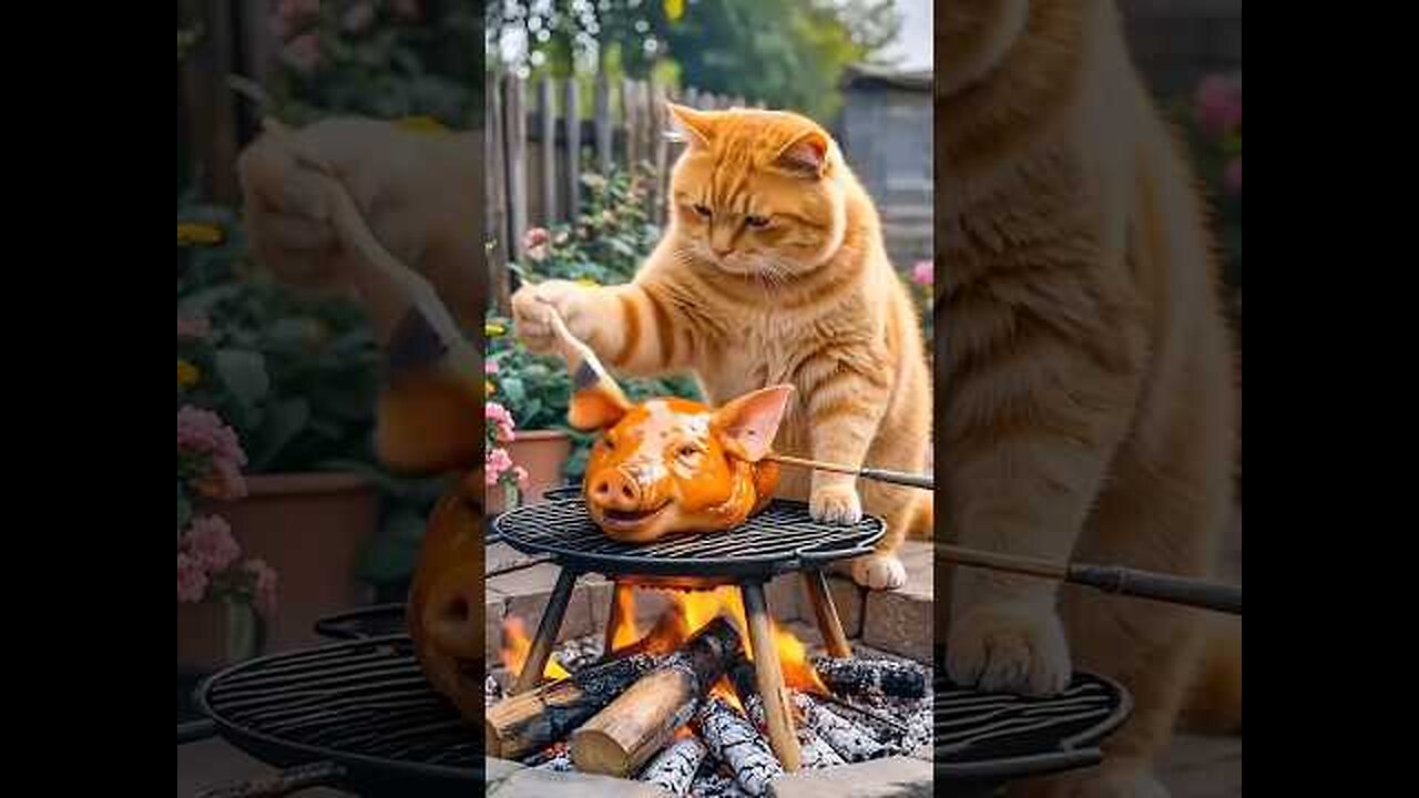 Orange cat cooking pig #ai #cute #aicat #fuunycat