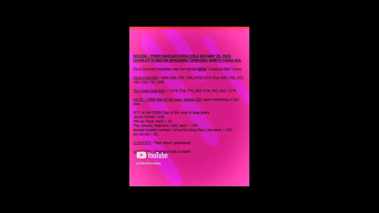 DECODE / PICKS NASCAR COCA COLA 600. See Description