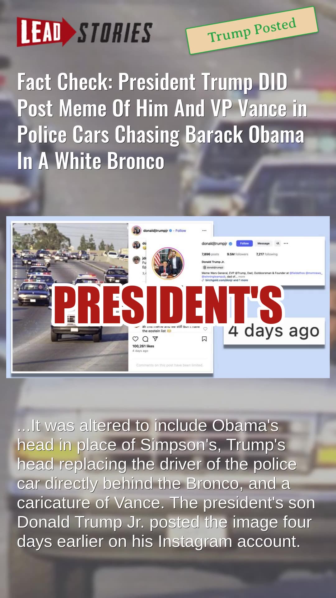 Fact Check: Trump DID Post Meme Of Him And Vance in Police Cars Chasing Barack Obama In White Bronco