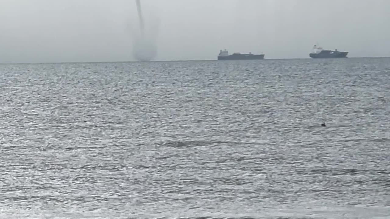 Pelicans Dive Into Ocean in Front of Towering Waterspout