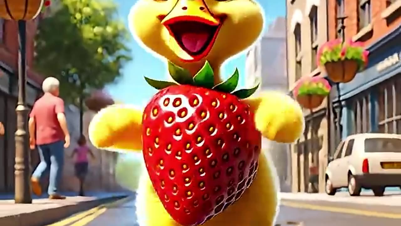 Cute duck dropped strawberries on the ground