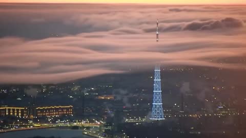 View of the Cloud Surf and the TV tower from the cameras of the Lakhta Center skyscraper