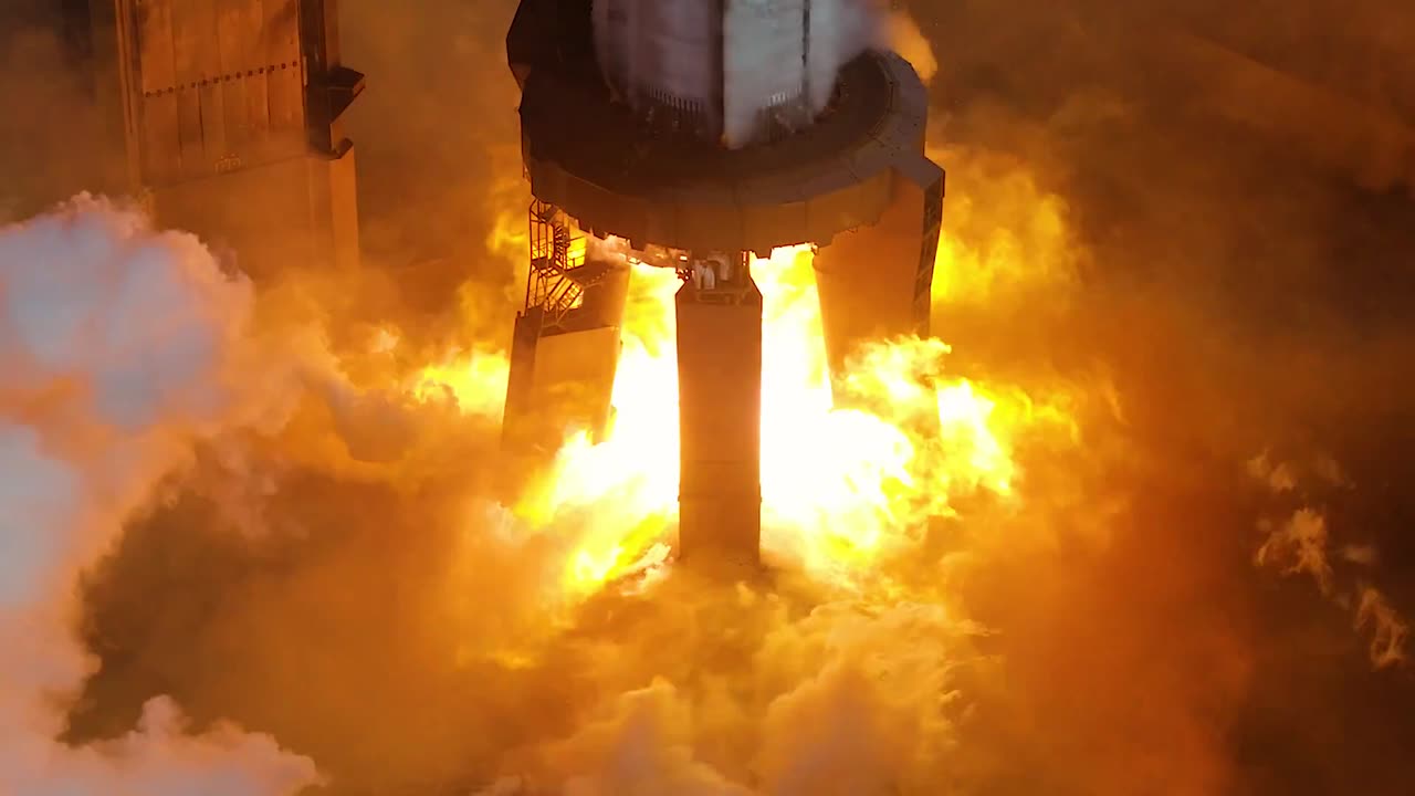 Static fire of the Super Heavy preparing to launch Starship's ninth flight test.