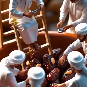 A tiny man is sitting in a large bowl and eating dates.