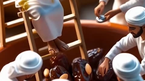 A tiny man is sitting in a large bowl and eating dates.