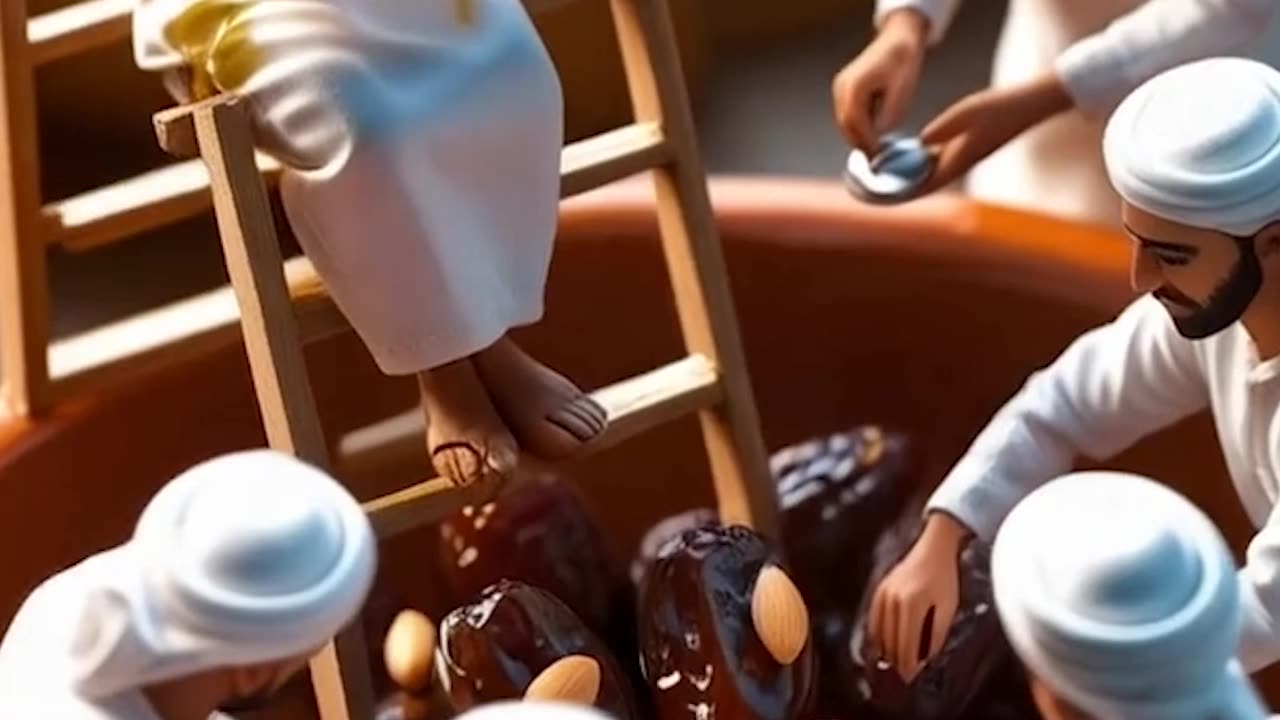 A tiny man is sitting in a large bowl and eating dates.