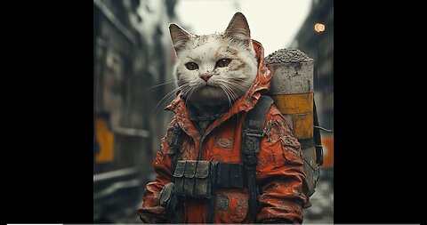 Poor cat is working in the rain at a construction site
