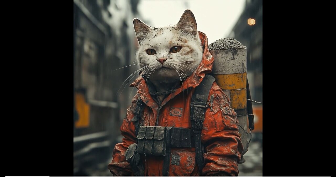 Poor cat is working in the rain at a construction site