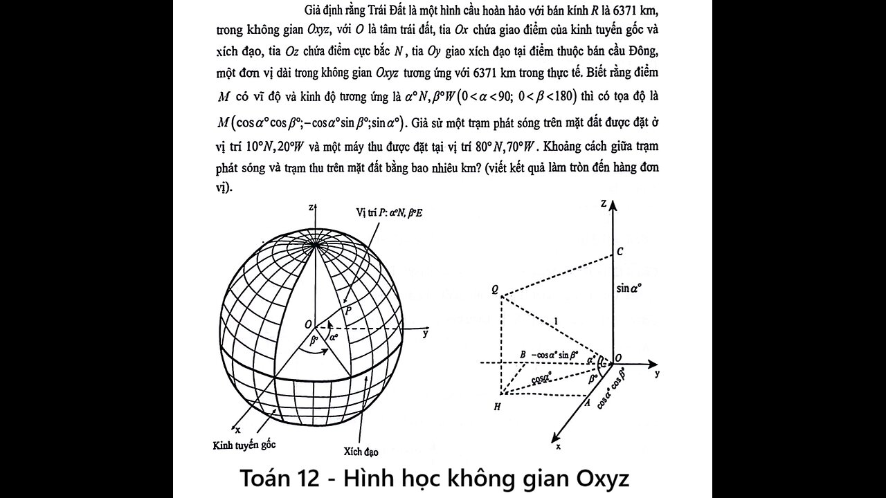 Toán 12: Giả định rằng Trái Đất là một hình cầu hoàn hỏa với bán kính R là 6371 km, trong không gian