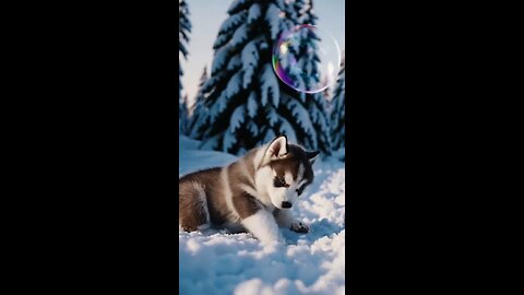 A curious AI husky meets a drifting bubble on a winter day.