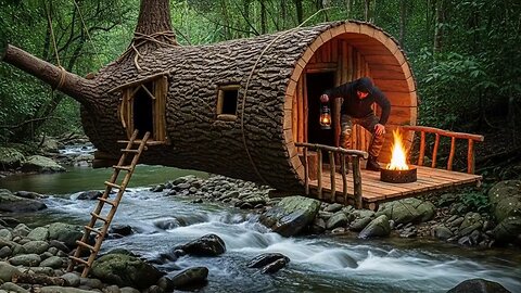 Jungle Tree House Over River | Primitive Survival Cabin in Forest