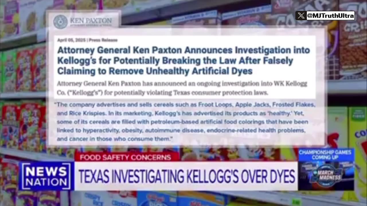 Texas AG Ken Paxton is investigating Kelloggs for breaking the Law regarding food dyes in Cereals