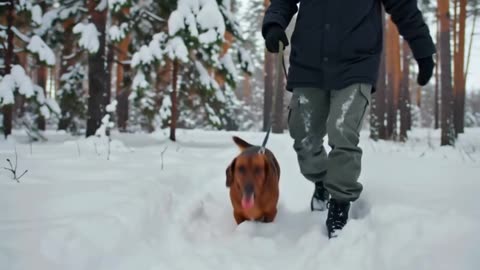 A red Dachshund running joyfully through deep white snow in a winter forest